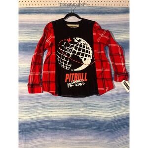 Upcycled Pitbull Mr World Wide Flannel Hybrid Tee Black Red Plaid Unisex Small‎